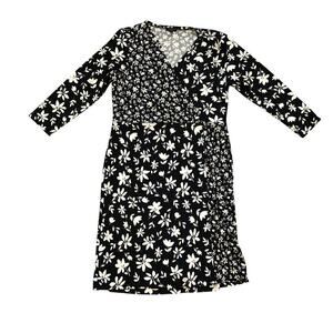 Talbots Womens Dress Sz MP Black White Floral Faux Wrap V-Neck 3/4 Sleeves